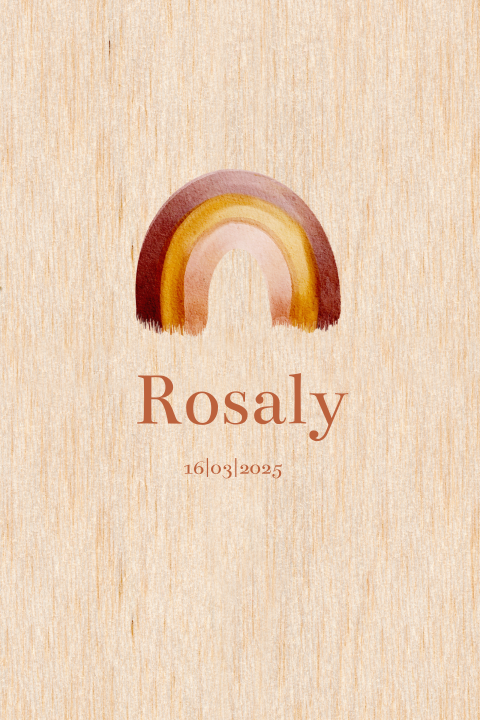 Echt houten geboortekaartje voor meisje met waterverf regenboog