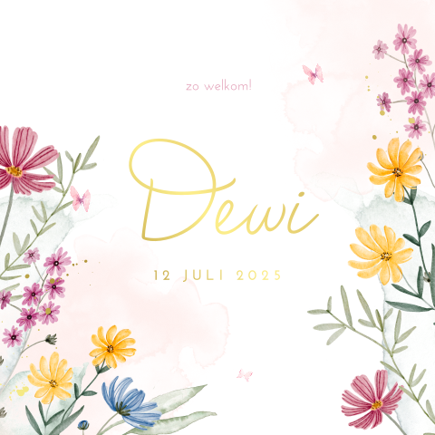 Lief geboortekaartje met veldbloemen en goudfolie voor een meisje