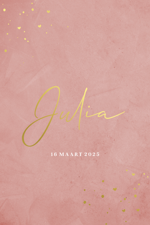 Hip geboortekaartje met roze velvet-look achtergrond en goudfolie