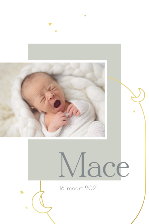 Trendy fotokaartje geboorte zoon met goudfolie maantjes en mintgroen