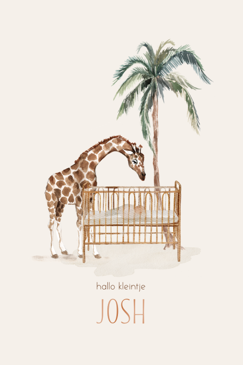 Hoogglans geboortekaartje met giraffe, wieg en palmboom
