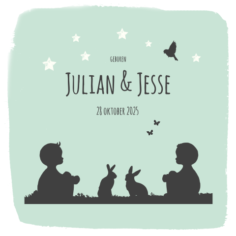 Lief geboortekaartje in mintgroen met silhouet van tweeling