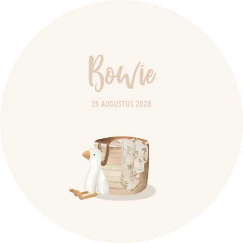 Raamsticker rond met illustratie knuffel gansje met mandje