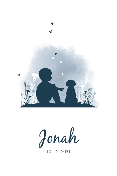 Blauw watercolour geboortekaartje met silhouetjes van jongen en hond