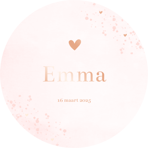Bijzonder rond babykaartje met roségoudfolie, hartjes en spetters