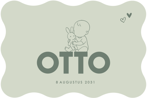 Groen geboortekaartje in golfrand met baby en konijntje