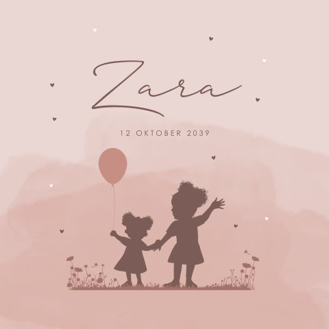 Lief watercolour geboortekaartje voor meisje met zusje en ballon