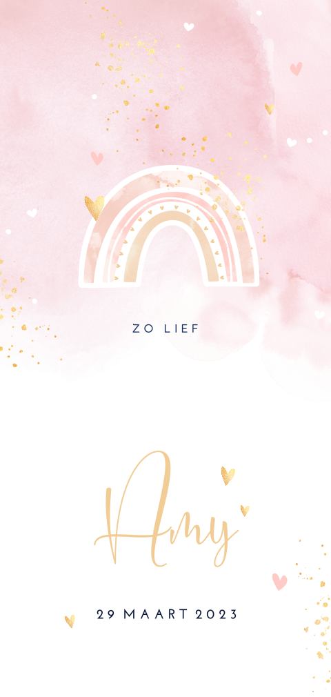 Romantische geboortekaart voor dochter met regenboogje en watercolour