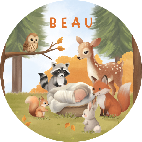 Raamsticker rond herfst met bosdieren en blauwe lucht