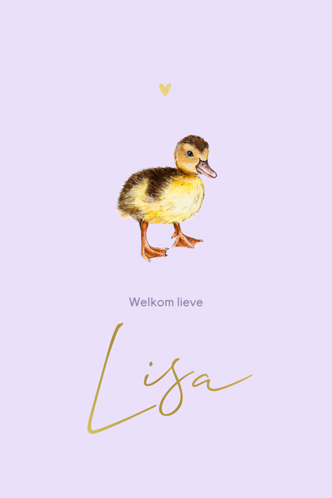 Vrolijk lila geboortekaartje met eendje en goudfolie voor een meisje
