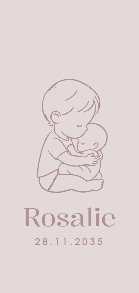 Schattig geboortekaartje met lijntekening van knuffelende broer en zusje