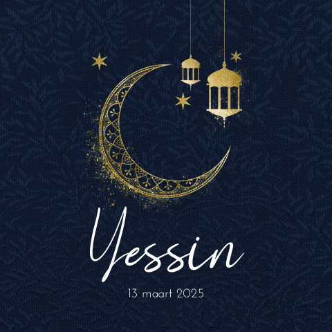 Islamitisch geboortekaartje voor jongen met maan en olielampjes