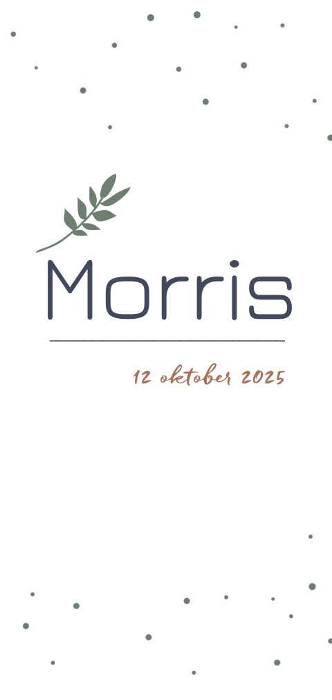 Stijlvol geboortekaartje met stippen en legergroen takje