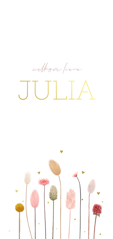 Lief goudfolie geboortekaartje met ronde hoeken en bloemen