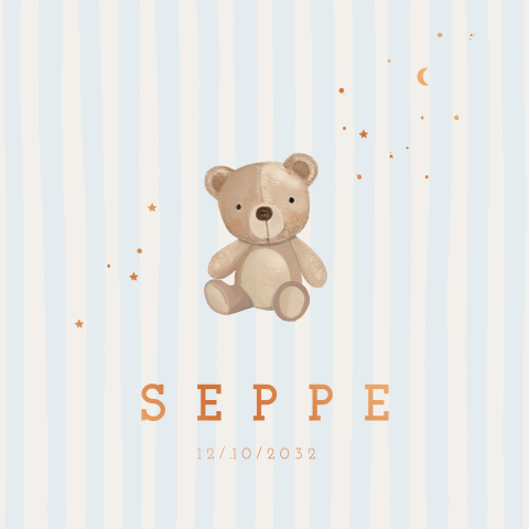 Geboortekaartje jongen met lief beertje en naam in koperfolie