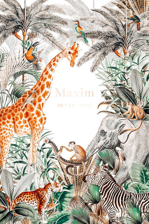 Stoer unisex geboortekaartje met jungledieren en roségoudfolie