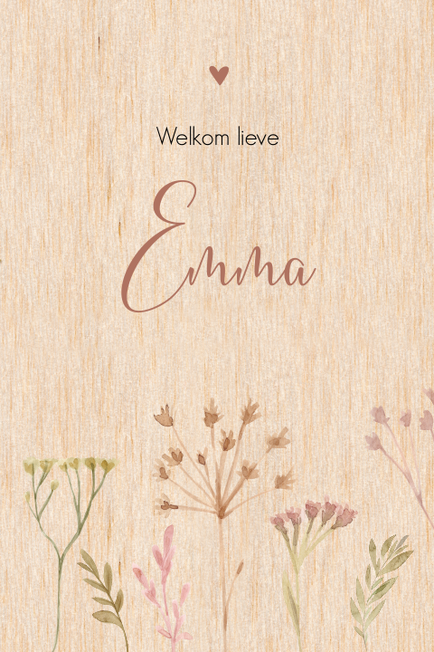 Babykaartje op echt hout met droogbloemetjes van waterverf