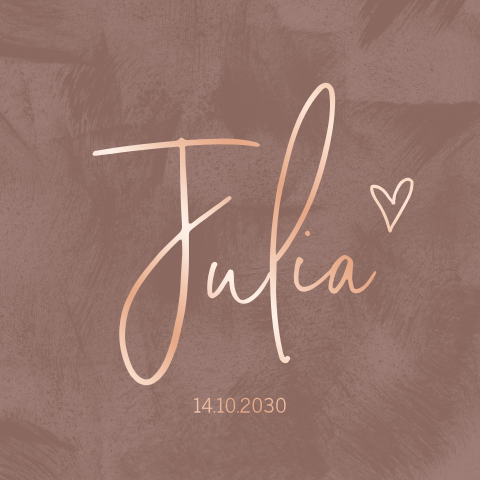 Hip roségoudfolie geboortekaartje meisje met taupe verfstrepen