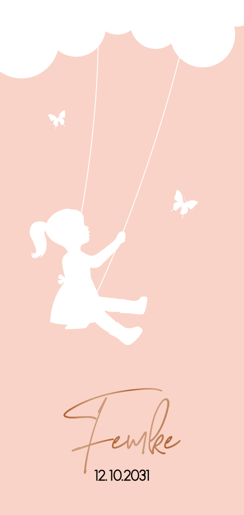 Geboortekaartje hoogglans met silhouet meisje op schommel en vlinder