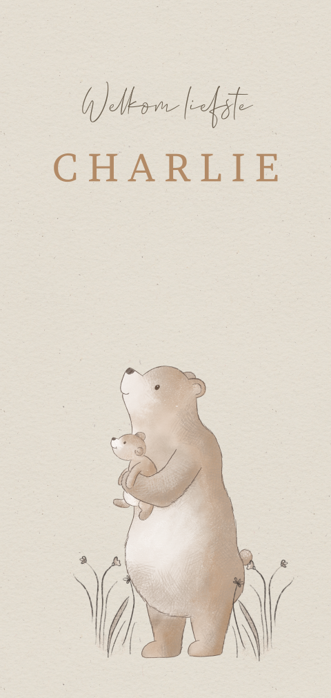 Geboortekaartje met illustratie van beer met kleine beer