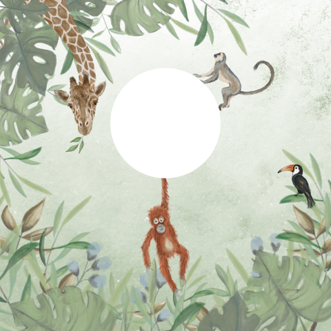 Jungle geboortekaartje met illustraties van aapjes en een giraf