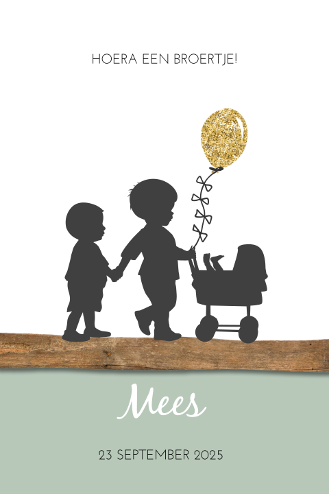 Silhouet geboortekaartje met twee broers en baby broertje met ballon