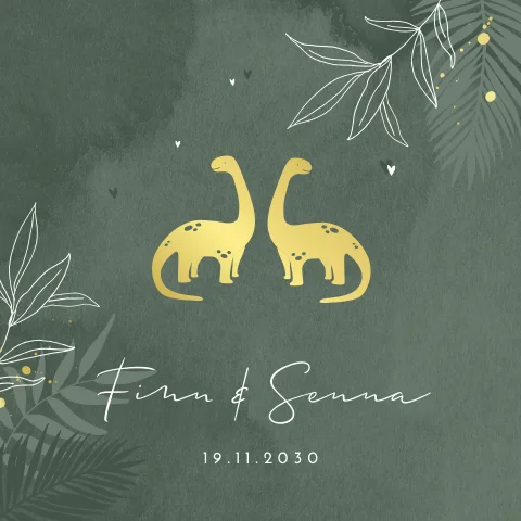 Stoer groen geboortekaartje tweeling met goudfolie dinos