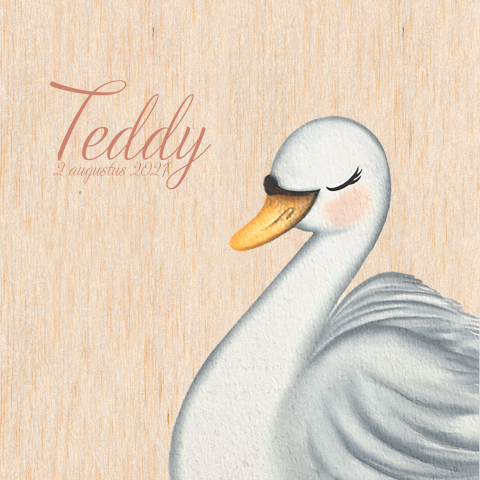 Echt houten vierkant geboortekaartje met aquarel zwaan en ronde hoeken