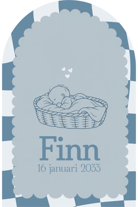 Trendy geboortekaartje in boogvorm met lijntekening baby in mandje