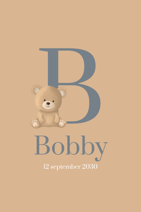 Lief beige geboortekaartje met teddy beertje en letter