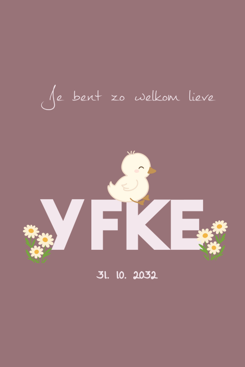 Schattig roze geboortekaartje meisje met eendje en madeliefjes