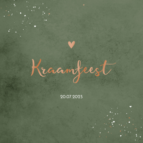 Hoogglans kraamkaartje met groene velvet-look, hartje en spetters