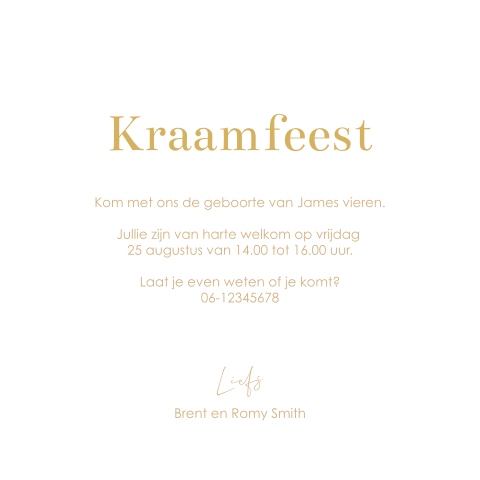 Kraamfeestkaartje in wit met goud