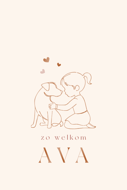 Luxe geboortekaartje met lijntekening van meisje en knuffelen hond