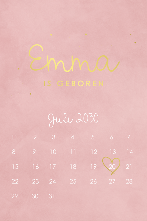 Origineel velvet roze geboortekaartje met geboortedatum op kalender