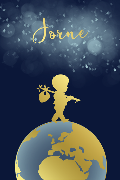 Trendy goudfolie geboortekaartje met silhouet jongen op wereldbol