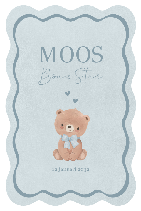 Lief geboortekaartje jongen met beertje en strikje in blauwe tint