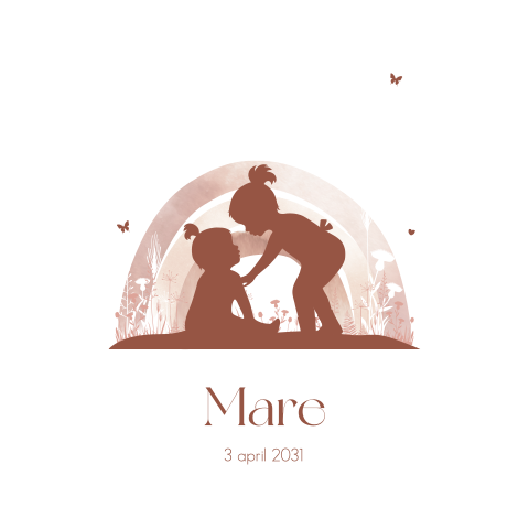 Lief geboortekaartje met silhouetjes en bloemen voor een zusje