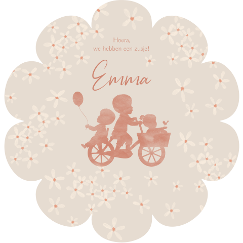 Origineel zusje geboortekaartje met bloem vorm en silhouetje