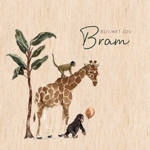 Echt houten geboortekaartje met jungle dieren en boom