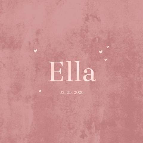 Velvet-look geboortekaartje met roze hoogglans naam en hartjes