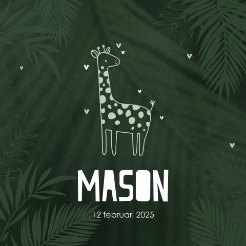 Avontuurlijk geboortekaartje met junglebladeren, giraffe en hartjes
