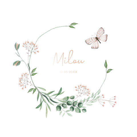 Roségoudfolie geboortekaartje met bloemen en vlinder voor een meisje