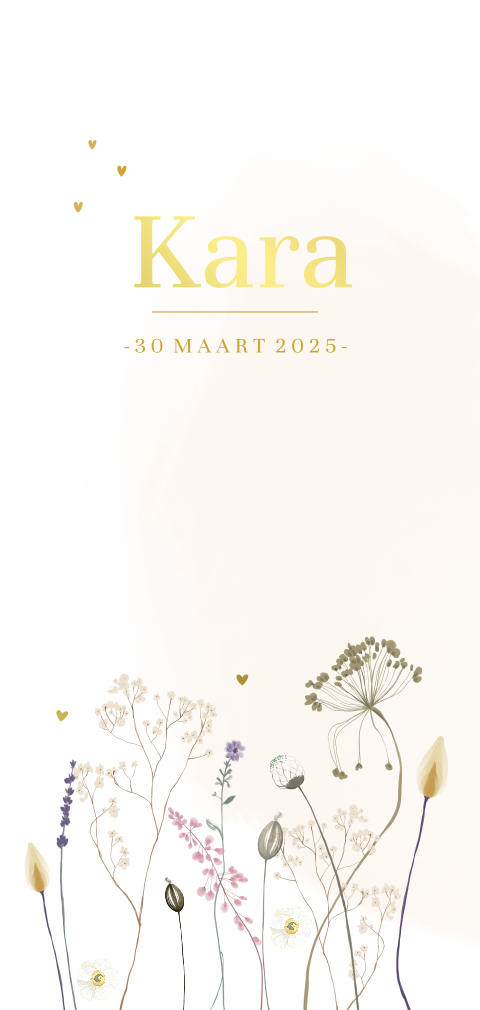 Goudfolie geboortekaartje met droogbloemen en roze aquarel