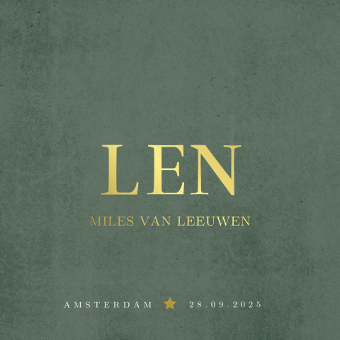 Groen velvet-look geboortekaartje met goudfolie voor een jongen