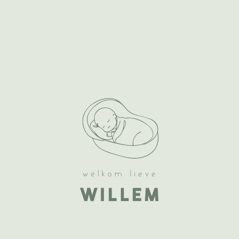 Geboortekaartje met lijntekening van slapend kindje in mandje