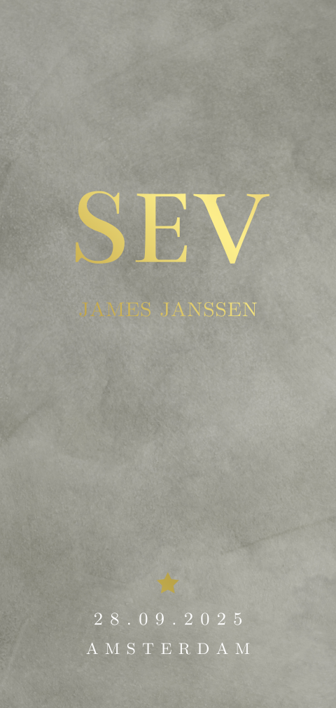 Stoer geboortekaartje met grijze velvet-look en goudfolie