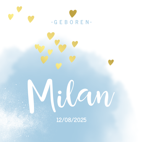 Lief geboortekaartje jongen met blauwe watercolor en goudfolie hartjes