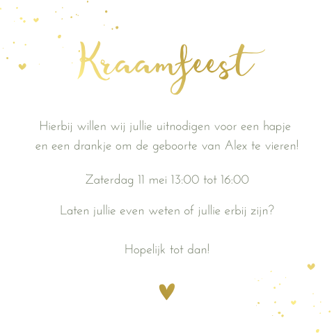 Uitnodiging kraamfeest met hartjes en goudfolie