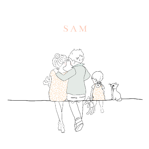 Getekend geboortekaartje meisje met ouders, grote zus en kat